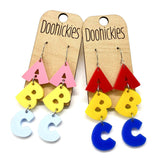 2.5" ABC Acrylic Dangles - Back to School Teacher Earrings: Book Fair Confetti