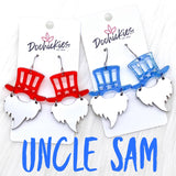 2" Uncle Sam Patriotic Acrylics -Patriotic Earrings: Glittery Red Hats
