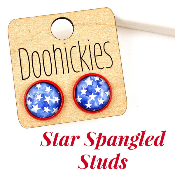 12mm Stars in Red Settings - Patriotic Stud Earrings