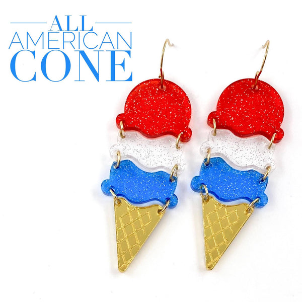 2.5" All American Cone Acrylic Patriotic Dangle Earrings