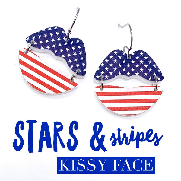 1.25" Stars & Stripes Kissy Face - Patriotic Dangle Earrings
