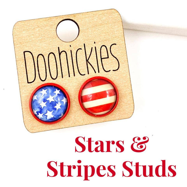 Stars & Stripes in Red Settings - Patriotic Stud Earrings