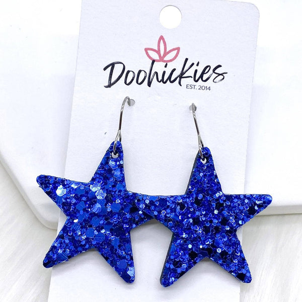 1.5" Chunky USA Glitter Stars -Patriotic Earrings: Blue